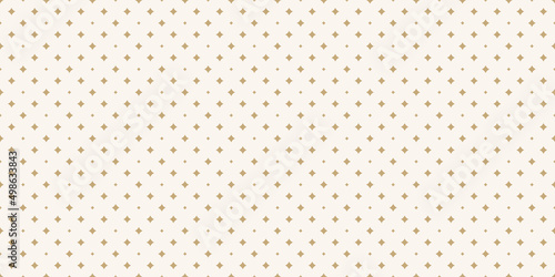Golden vector seamless pattern with small diamond shapes, stars, rhombuses. Abstract gold and white geometric texture. Simple minimal repeat background. Subtle luxury design for decor, wallpaper, wrap
