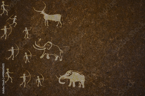Primitive people hunt mammoth rock paintings illustration. Primitive bow and spear hunters attack ancient. Cave painting