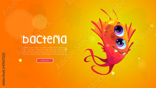 Cartoon bacteria or virus cell web banner. Cute germ character with funny face. Smile pathogen microbe with big eyes and long flagella, microbiology science organism, alien monster Vector illustration
