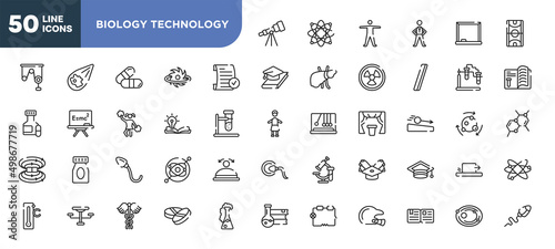 set of 50 outline biology technology icons. editable thin line icons such as astronomy, passed, wise, spermatozoon, outdoor table, caduceus, essay stock vector.