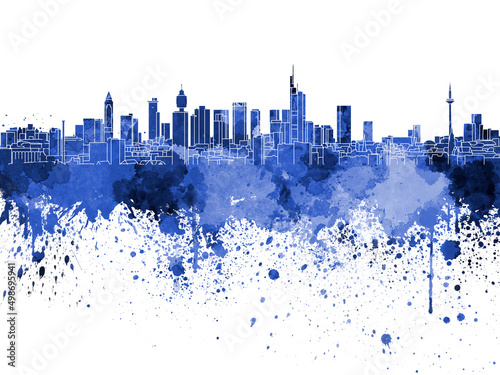 Frankfurt skyline in blue watercolor on white background