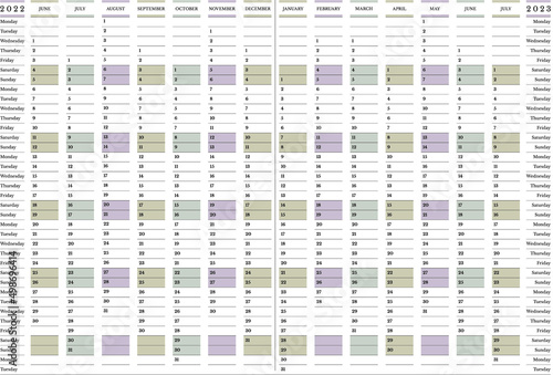 2022-2023 academic calendar, 14 months June to July large wall planner Monday start, horizontal design