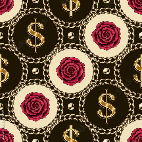 Seamless vintage diagonal pattern with circles, realistic gold chain, beads, crimson roses, golden dollar sign. Classic background. Vector illustration