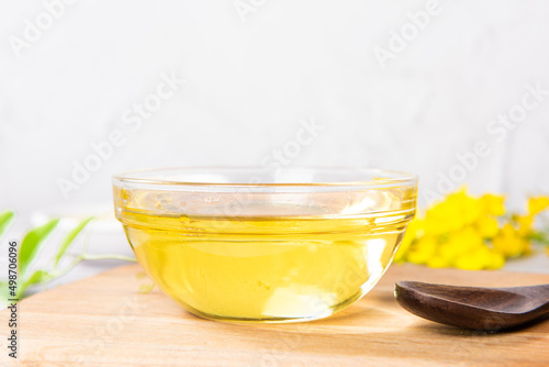 cooking oil in glass bowl on table