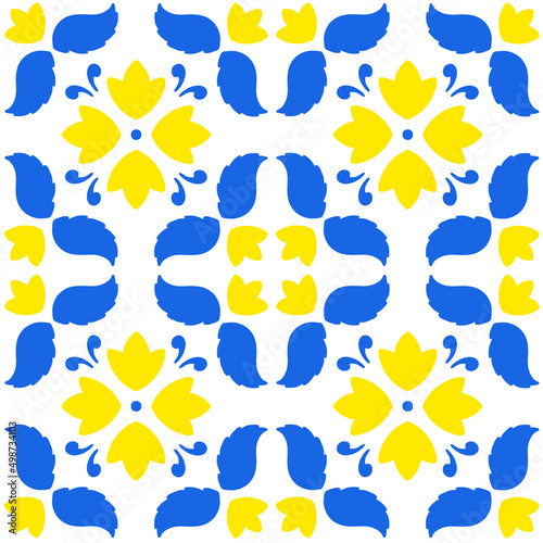 Maiolica, Vietri, Spain, Sicilian, Italian, Mediterranean traditional seamless pattern. Ceramics majolica tile ornament. Blue yellow, white tile repeat print.
