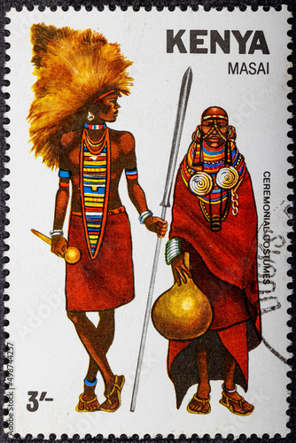 Kenya - Circa 1981: Ceremonial costumes of Masai tribe on kenyan stamp. Circa 1981.