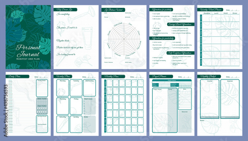 Printable vector planner pages templates in green and turquoise shades. Daily, weekly, monthly, project, budget planners. Pages with life balance wheel, affirmations and manifestations.