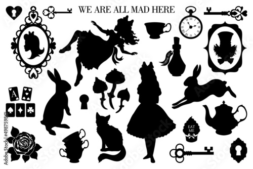 big set of vector illustrations of wonderland. black silhouettes Alice, rabbit, cat, mad hatter, key, tea cup, rose, mushrooms and other isolated on a white background