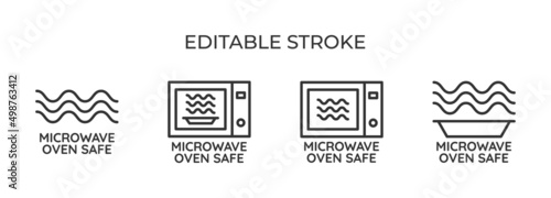 Microwave safe. For packaging or labeling, the suitability of the cookware for heating and cooking. Set of linear icons. Vector illustration.
