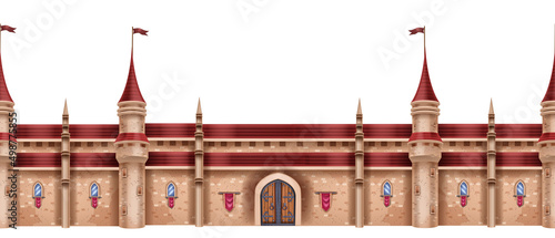 Medieval castle seamless border game illustration, magic fantasy fortress, vector stone palace. Ancient king tower, entrance gate, royal gothic UI architecture clipart. Medieval castle exterior