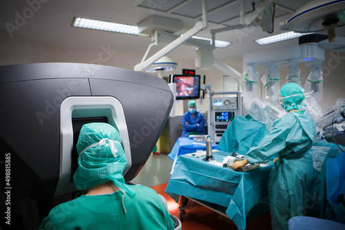 Robotic surgery in the operating room during a hysterectomy.