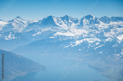 aerial view of Lake Thun and Eiger Mönch and Jungfrau