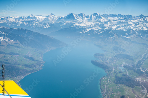 aerial view of Lake Thun and Eiger Mönch and Jungfrau