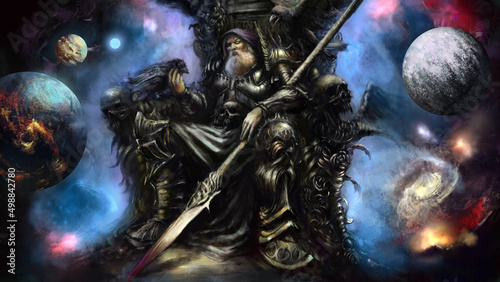 The great Scandinavian god Odin sits on a throne in space next to him are two ravens, he has a spear in his hand, his eye glows, there are planets around him. Digital drawing style, 2D illustration