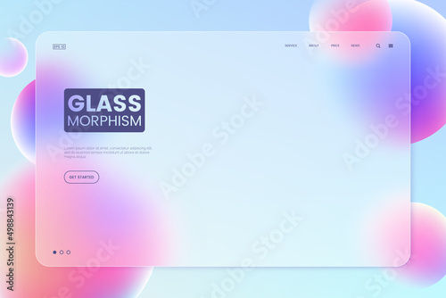 Website landing page template in glassmorphism style. Horizontal Website screen with glass overlay effect isolated on abstract background with liquid gradient shapes. Vector illustration.