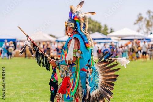 Powwow. Native Americans dressed in full regalia. Details of regalia close up. Chumash Day Powwow and Intertribal Gathering.