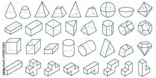 3D Geometric shapes. Set of basic figures: cube, pyramid, sphere, cylinder and other isometric objects. Collection of vector three-dimensional design for education and abstract geometric graphic.