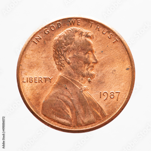 USA - circa 1987: a USA one cent coin showing the portrait of President Abraham Lincoln . Text: In god we trust