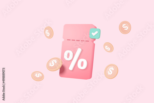 online shopping tag price 3d render vector, discount coupon of money for future use. sales with an excellent offer 3d for shopping online, Special offer promotion on price tags on pink background