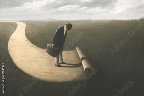 Illustration of man's surreal path, business abstract concept