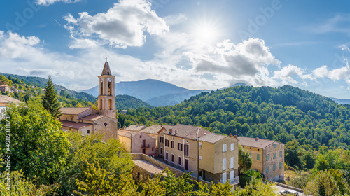 Landscape with Evisa, mountain village in the Corse-du-Sud department of Corsica island, France