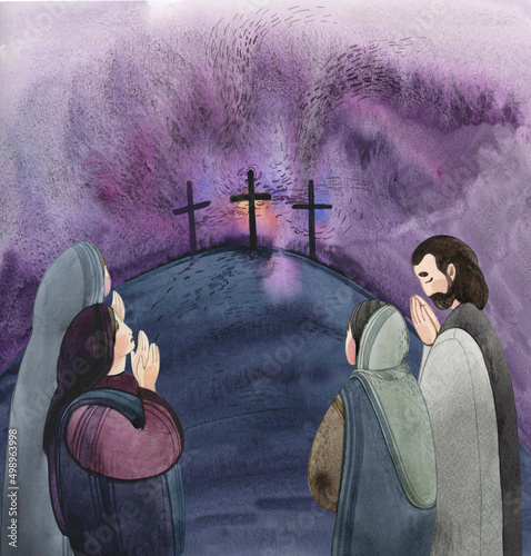 watercolor illustration of Golgotha and myrrh-bearing women. Good Friday. Religious Watercolor painted Christian background