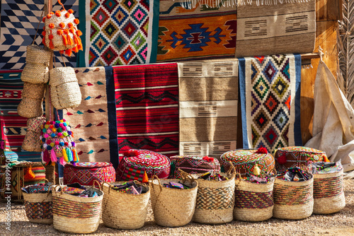 Siwa oasis, Egypt - January 2022: Traditional handmade oriental carpets in a souvenir shop in Siwa oasis near Cleopatra's Pool 