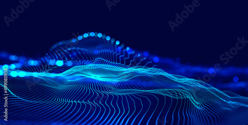 Hi-tech, sci-fi 3D illustration Abstract musical beat. Sound wave in field of big data particles. Dancing dots of a neural network in a nanotechnology cyberspace project. Bokeh and bright LED flashes