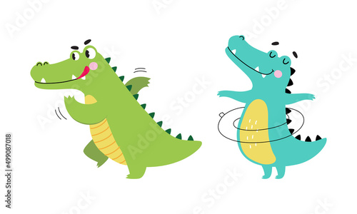 Cute friendly green crocodiles in different activities set cartoon vector illustration