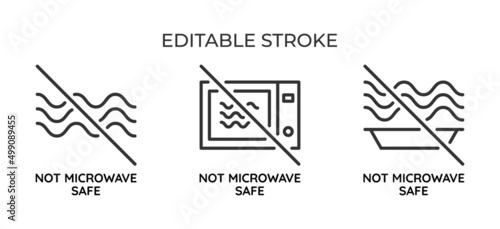 Not microwave safe symbol. For packaging or labeling, the suitability of the cookware for heating and cooking. Set of linear icons. Vector illustration.