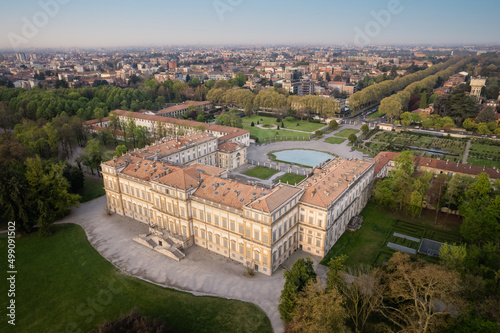The architecture of the Royal villa of Monza from above, aerial shot.