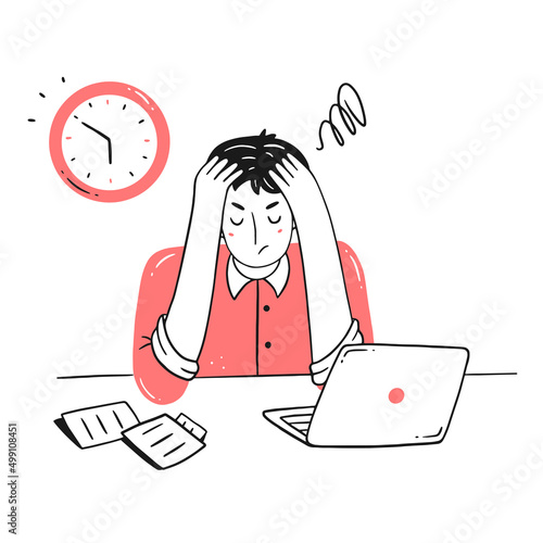 Frustration at work. Professional burnout syndrome. A tired, exhausted man holds his head in line style. A person does not have time for the deadline. Concept illustration.