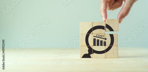 Cost reduction concept. Lean manufacturing management. Decreasing company expense to maximize profits. Putting wooden cube with focusing cost reduction symbol. .Business survival and improvement.