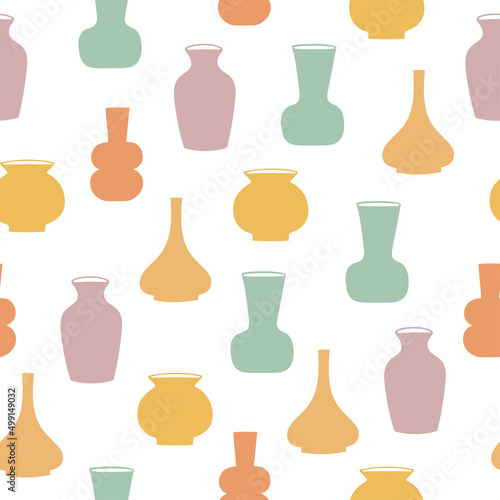 Seamless pattern of hand drawn vases. Clay pottery in pastel colors on white background 
