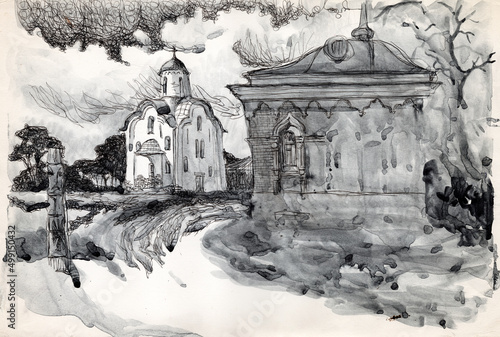 Ink and pen hand drawn architecture sketch toned by watercolor paintings. Church in ancient monastery in Pskov, Russia