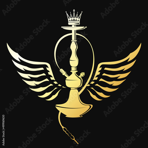 Hookah with golden design wings. Symbol for lounge bar. Unique hookah silhouette for relaxation