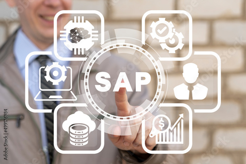 Concept of SAP - Business process automation software and management software. ERP enterprise resources planning system. SAP - enterprise software to manage business operations and customer relations.