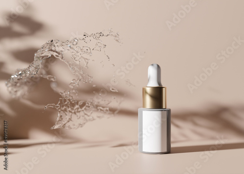 Blank, unbranded cosmetic serum bottle with water splash. Skin care product presentation on brown background. Luxury mockup. Dropper bottle, hyaluronic acid, oil, serum with copy space. 3D rendering.