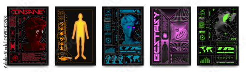 Collection of modern posters with heads of statues. In Techno style, stylish print for streetwear, print for t-shirts and hoodies, isolated on black background