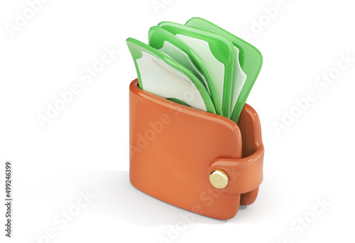3d icon of wallet full of money on a white background. 3d illustration