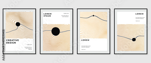Abstract golden line cover template. Gold wave line pattern in minimal dynamic design on warm tone background. Luxury and elegant poster template suitable for prints, wallpaper and interior.