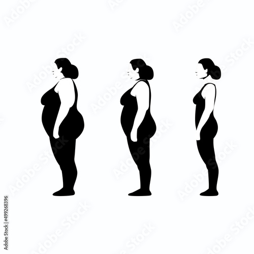 illustration of woman stages of weight loss. The woman is thin and overweight. Healthy lifestyle concept. Sports, fitness, proper nutrition