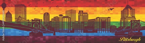 Pittsburgh on LGBT flag background - illustration, Town in Rainbow background, Vector city skyline silhouette