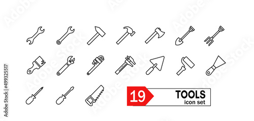 Narzędzia budowlane - zestaw 19 ikon, klucz, młotek, siekiera, łopata, widły pędzel, grabie, kielnia, wałek, śrubokręt, szpachelka , piła
