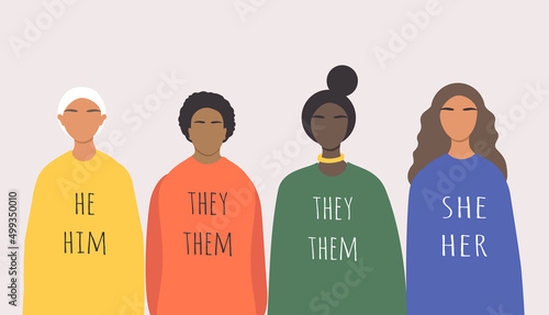 vector illustration on the theme of gender diversity, people with non-binary gender identity, transgender people. people and pronouns. trend illustration in flat style