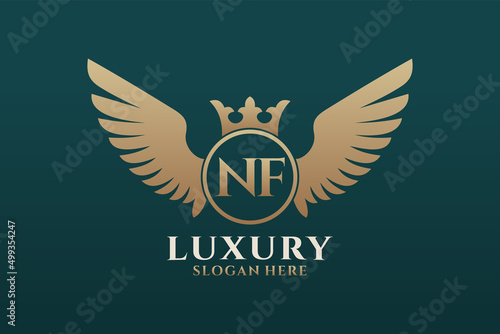 Luxury royal wing Letter NF crest Gold color Logo vector, Victory logo, crest logo, wing logo, vector logo template.