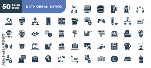 set of 50 filled data organization icons. editable glyph icons collection such as folder network, sound card, database usage, phishing, open data, thought, hard drive vector illustration.