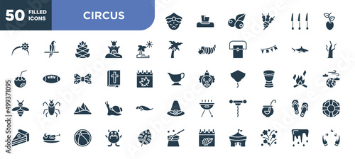 set of 50 filled circus icons. editable glyph icons collection such as maharaja, pictures, bible, pyramids, corkscrew, monster, thaw vector illustration.