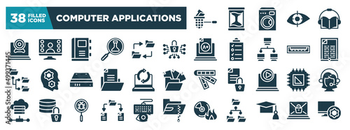 computer applications glyph icons set. editable filled icons such as stealing data, webcamera, cyber security, , recovery, processor, file sharing, graduation cap vector illustration