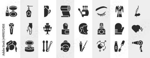 sauna filled icons set. editable glyph icons such as make up kit, roll on, robe, lifting, implant, hearts, cotton swab, sex reas vector.